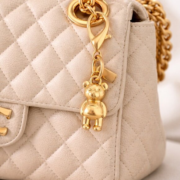 🧸Luxury Gold Mini Teddy Bear Bag Charm Keychain Handbag Accessory - Picture 3 of 10